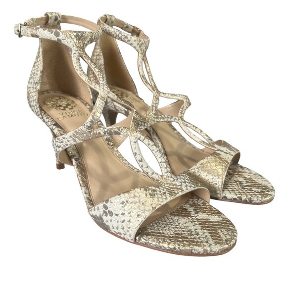 Vince Camuto Payto Gold White Leather Snake Pattern Strappy Heels Womens 8.5 39 - Picture 2 of 10